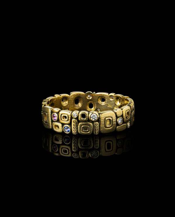 Auksinis žiedas su deimantais ir spalvotais safyrais "Little Windows"