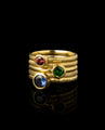 Auksinių žiedų rinkinys su safyru, rubinu ir granatu tsavoritu 