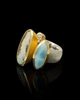 Sidabrinis paauksuotas žiedas su deimantu, opalu ir larimaru