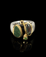 Sidabrinis paauksuotas žiedas su deimantu opalais, granatu tsavoritu