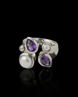 Sidabrinis žiedas su ametistais, perlais ir cirkoniu