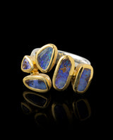 Sidabrinis paauksuotas žiedas su opalais ir tanzanitu