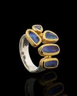 Sidabrinis paauksuotas žiedas su opalais ir tanzanitu