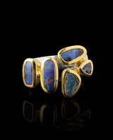 Sidabrinis paauksuotas žiedas su opalais ir tanzanitu