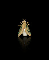 Auksinė segė su deimantais, perlu ir emale "Drugelis"