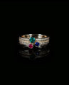 Auksinių žiedų rinkinys su safyru, rubinu ir smaragdu 
