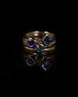 Auksinių žiedų rinkinys su safyru, smaragdu ir Londono topazu "Saldainiukai"