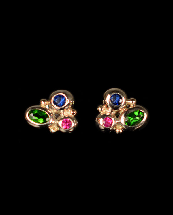Auksiniai auskarai su safyrais, rubinais ir chromdiopsidais "Candies"
