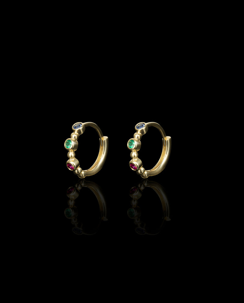 Auksiniai auskarai su smaragdu, safyru ir rubinu "Candy Hoops"