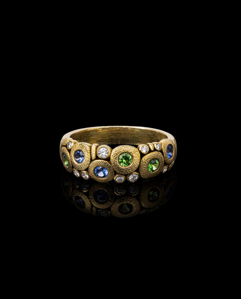 Auksinis žiedas su deimantais, safyrais ir granatais tsavoritais "Candy"