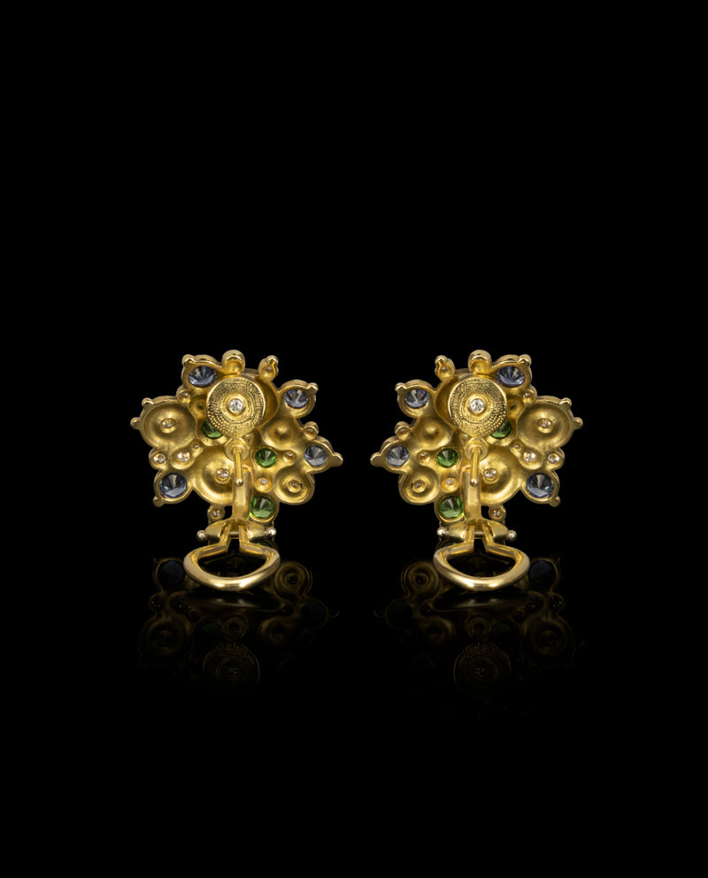 Auksiniai auskarai su safyrais, deimantais, granatais tsavoritais "Ocean"
