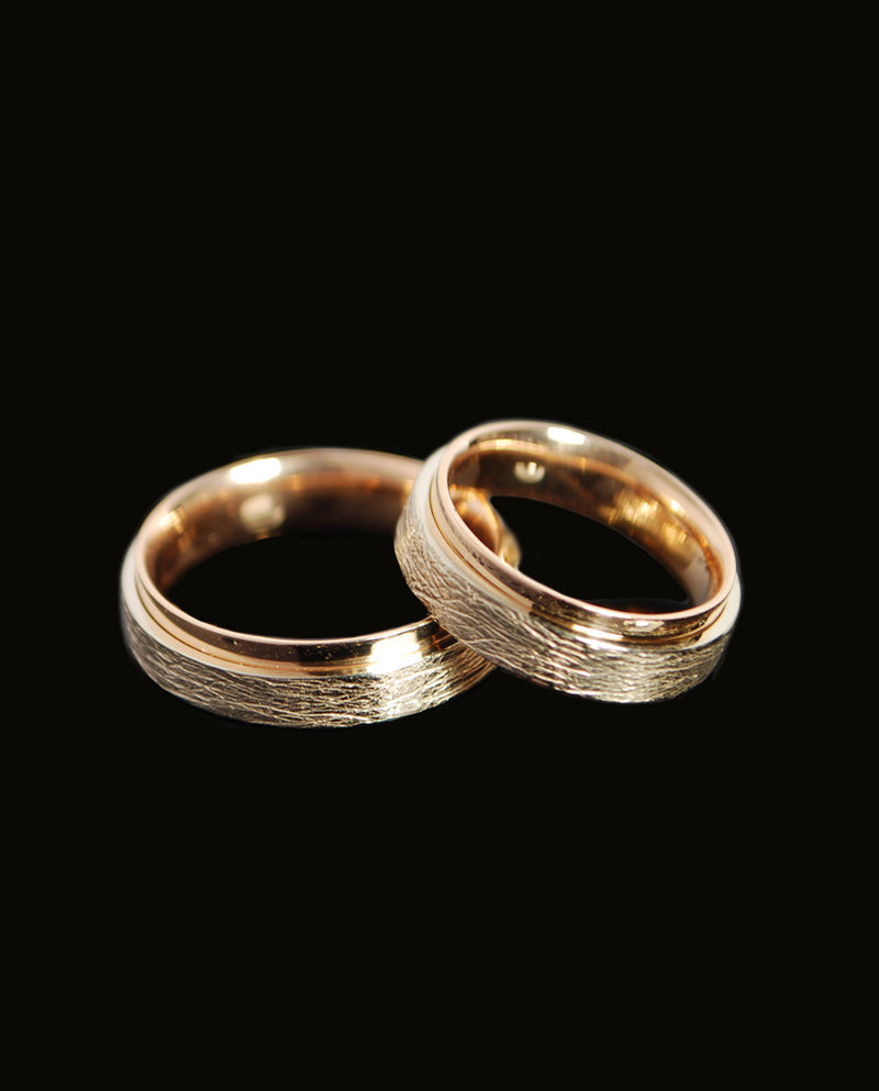 Šampaninio ir raudono aukso vestuviniai žiedai "V and G"